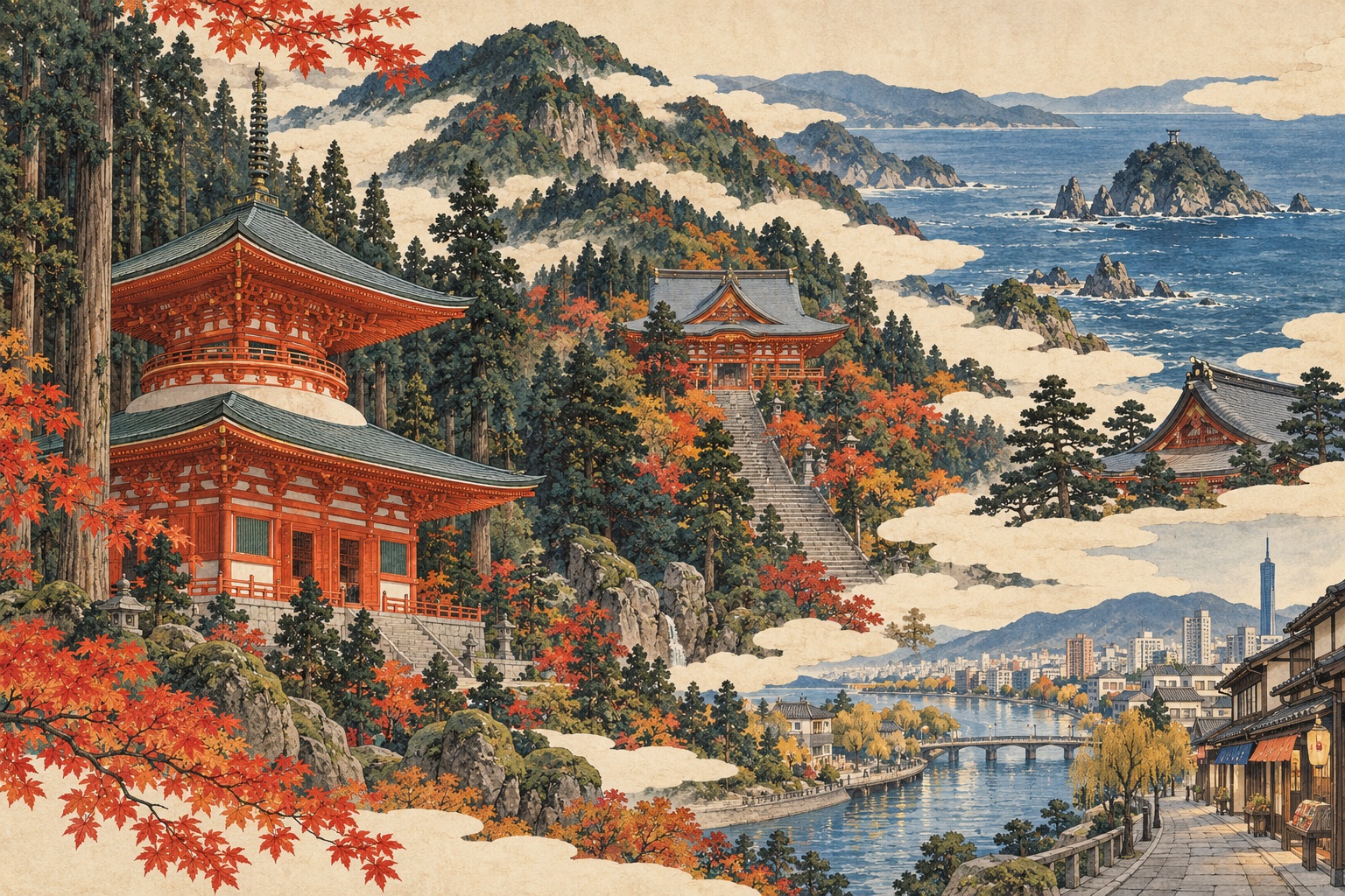 版畫風秋日插畫：高野山根本大塔、英彥山杉林與石階、宗像海景和福岡街景交織成山海畫卷